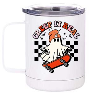 Creep It Real Skateboarding Ghost Retro Halloween Costume Cute Gift 12 oz Stainless Steel Tumbler Cup