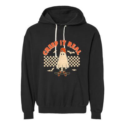 Creep It Real Skateboarding Ghost Retro Halloween Costume Garment-Dyed Fleece Hoodie