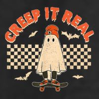 Creep It Real Skateboarding Ghost Retro Halloween Costume 7 Panel Mesh Trucker Snapback Hat
