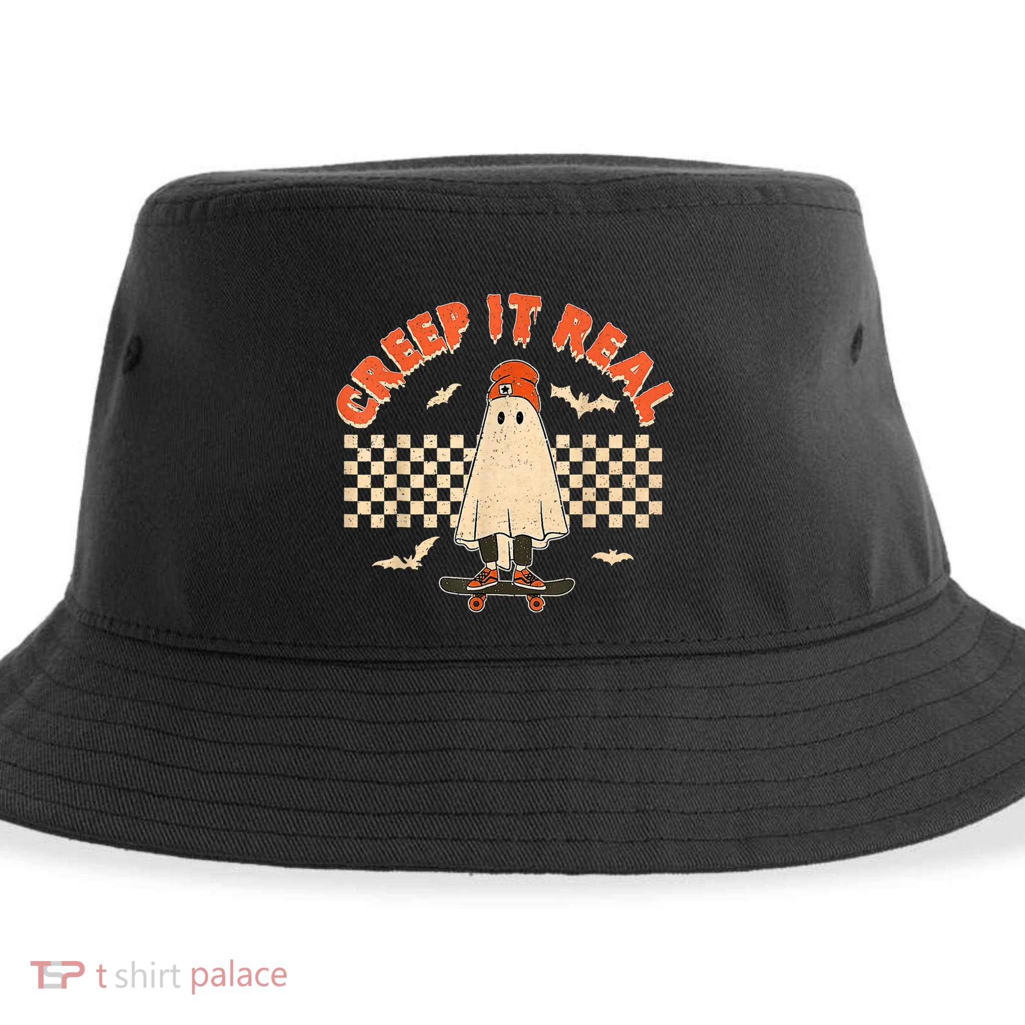Creep It Real Skateboarding Ghost Retro Halloween Costume Sustainable Bucket Hat