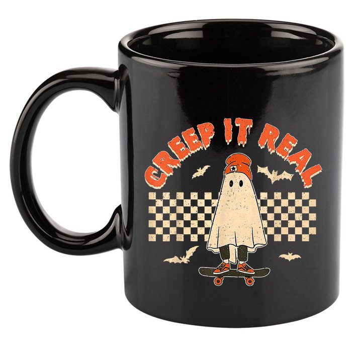 Creep It Real Skateboarding Ghost Retro Halloween Costume 11oz C Handle Ceramic Mug