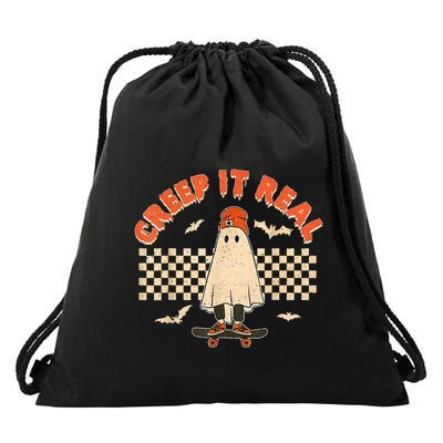 Creep It Real Skateboarding Ghost Retro Halloween Costume Drawstring Bag