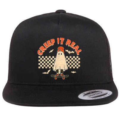Creep It Real Skateboarding Ghost Retro Halloween Costume Flatbill Hat