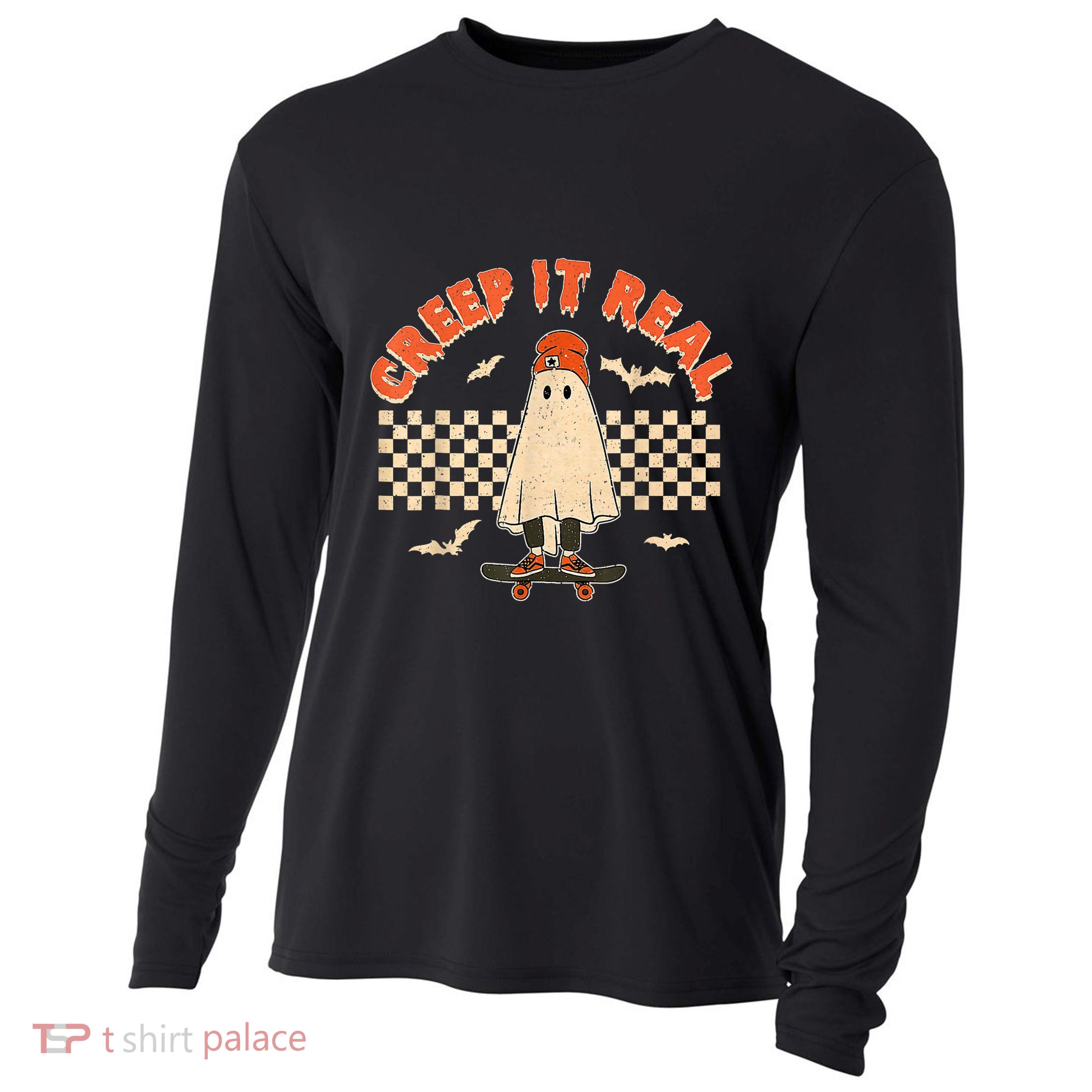 Creep It Real Skateboarding Ghost Retro Halloween Costume Cooling Performance Long Sleeve Crew