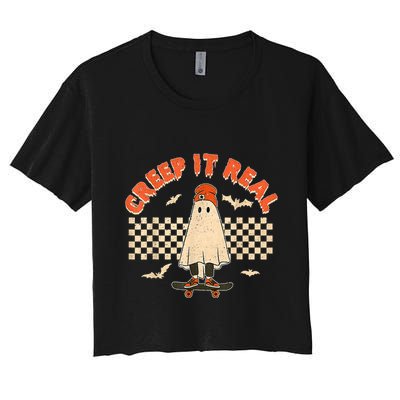 Creep It Real Skateboarding Ghost Retro Halloween Costume Crop Top