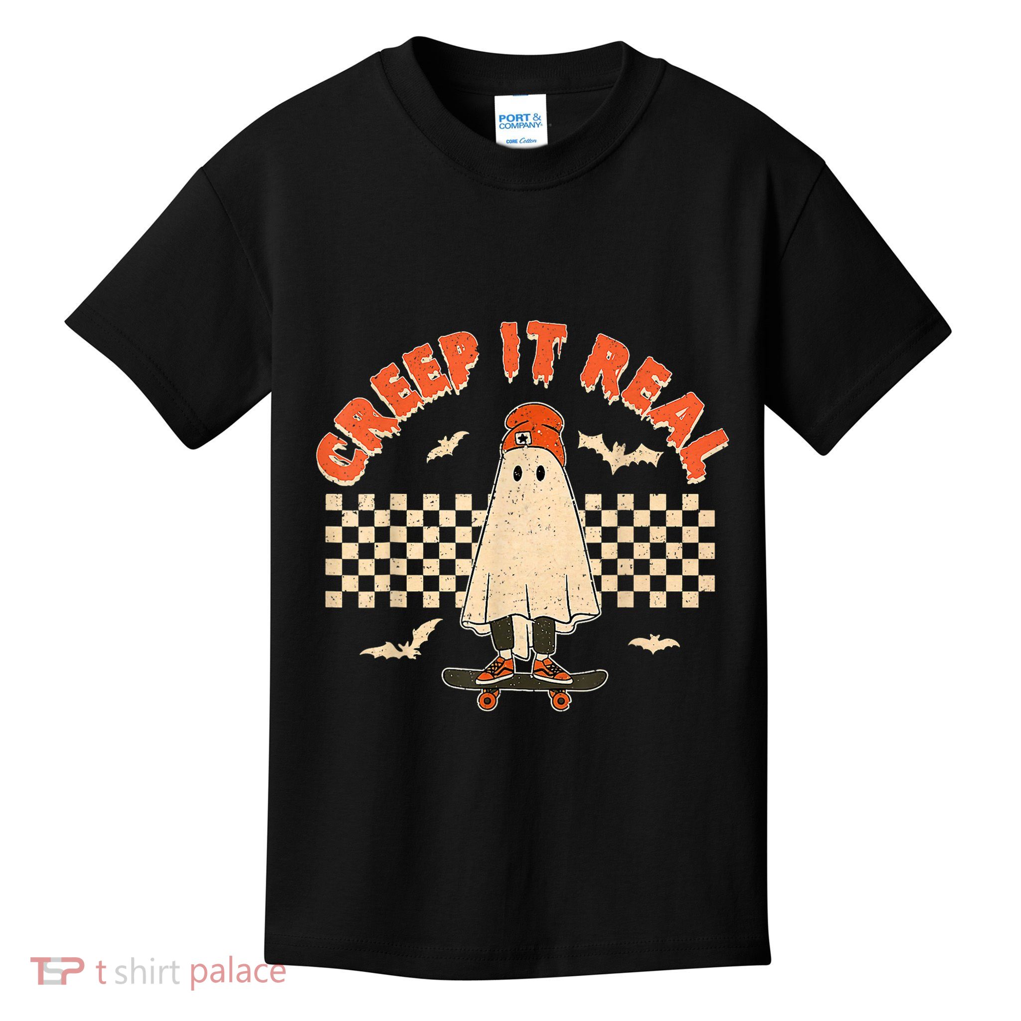 Creep It Real Skateboarding Ghost Retro Halloween Costume Kids T-Shirt