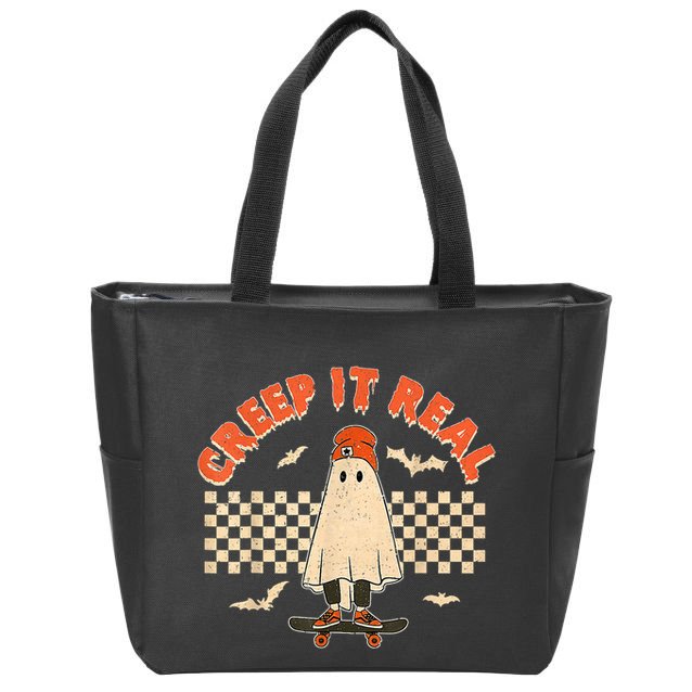Creep It Real Skateboarding Ghost Retro Halloween Costume Zip Tote Bag
