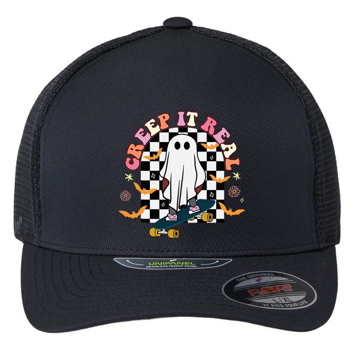 Creep It Real Skateboarder Ghost Halloween Flexfit Unipanel Trucker Cap