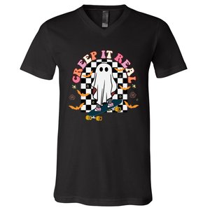 Creep It Real Skateboarder Ghost Halloween V-Neck T-Shirt