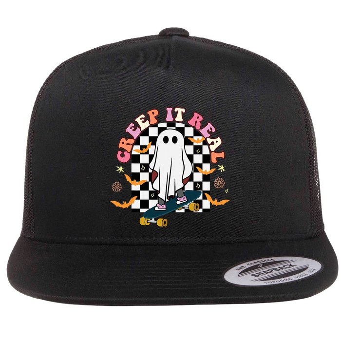 Creep It Real Skateboarder Ghost Halloween Flat Bill Trucker Hat