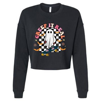Creep It Real Skateboarder Ghost Halloween Cropped Pullover Crew