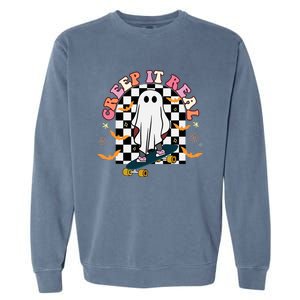 Creep It Real Skateboarder Ghost Halloween Garment-Dyed Sweatshirt