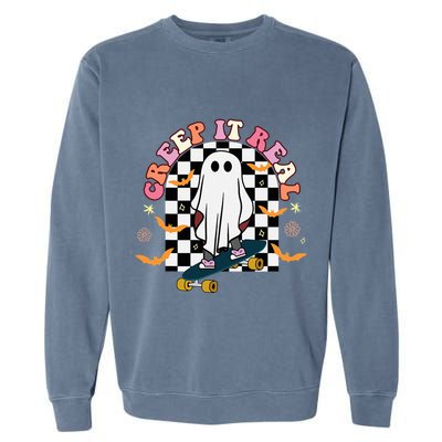 Creep It Real Skateboarder Ghost Halloween Garment-Dyed Sweatshirt