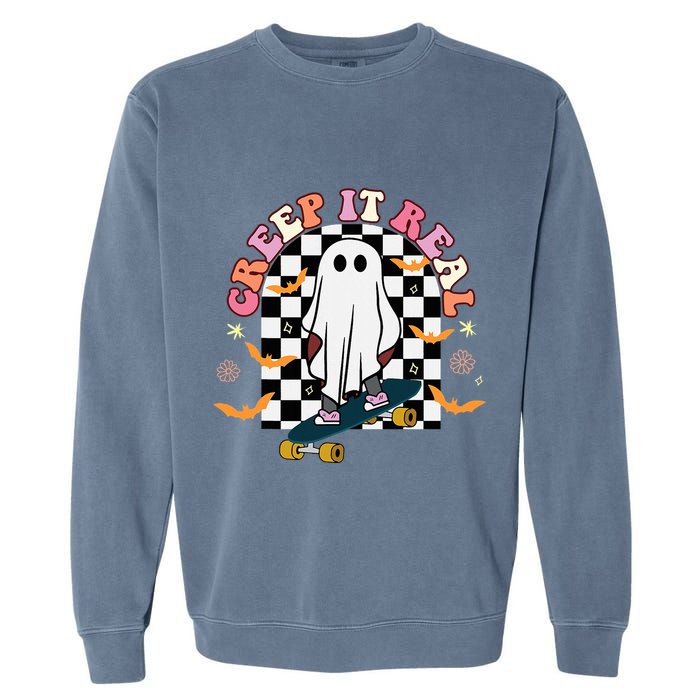 Creep It Real Skateboarder Ghost Halloween Garment-Dyed Sweatshirt