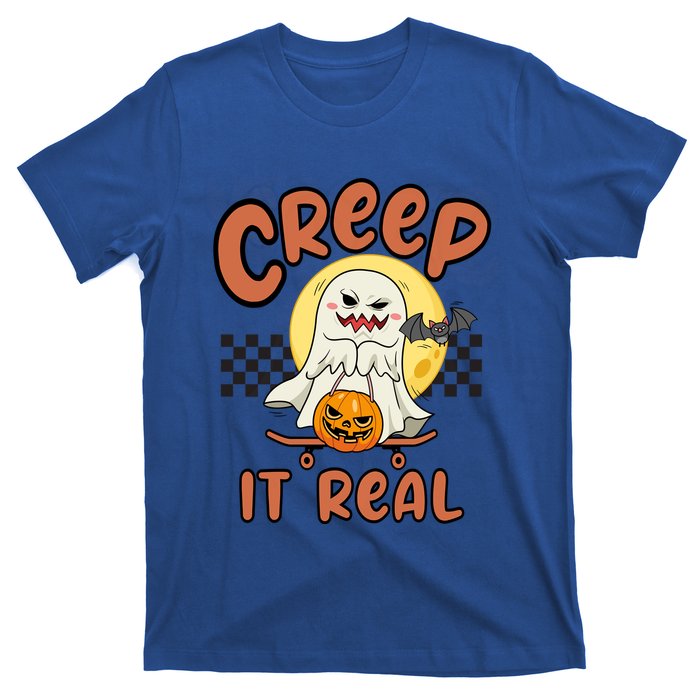 Creep It Real Vintage Retro Ghost On Skateboard Checkerboard Gift T-Shirt