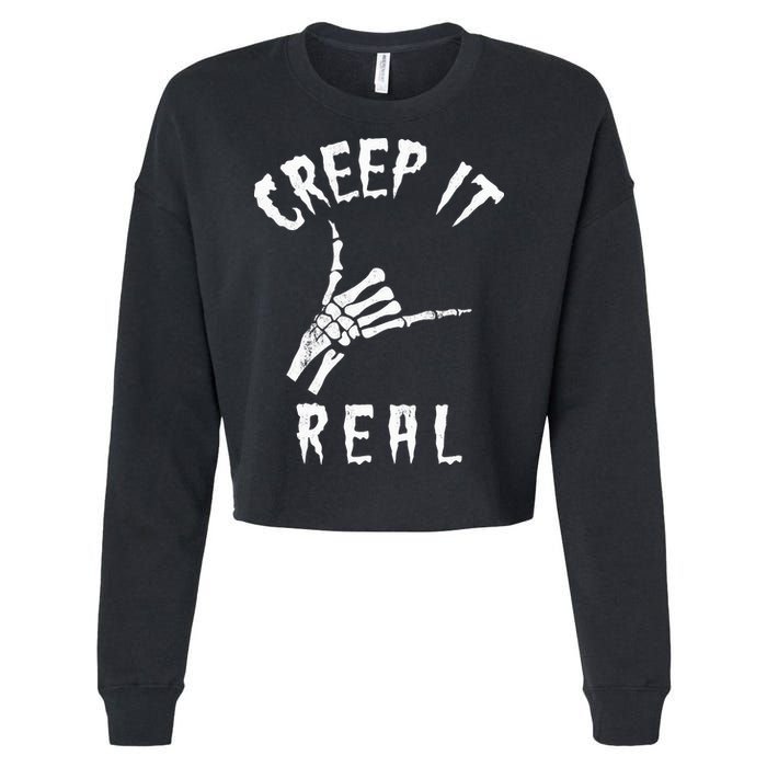 Creep It Real Skeleton Hand Shaka Cropped Pullover Crew