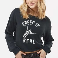 Creep It Real Skeleton Hand Shaka Cropped Pullover Crew