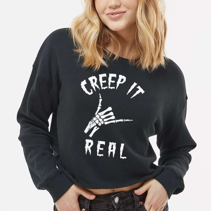 Creep It Real Skeleton Hand Shaka Cropped Pullover Crew