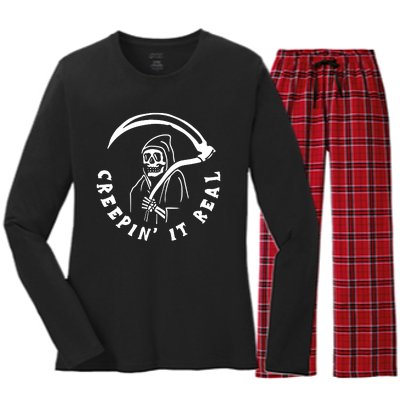 Creepin It Real Grim Reaper Halloween Women's Long Sleeve Flannel Pajama Set 