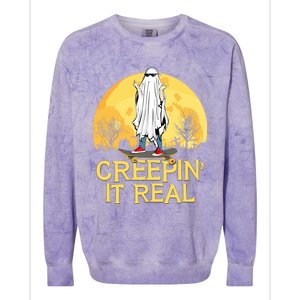 Creepin It Real Skateboard Ghost Funny Retro Halloween Meaningful Gift Colorblast Crewneck Sweatshirt