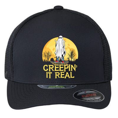 Creepin It Real Skateboard Ghost Funny Retro Halloween Meaningful Gift Flexfit Unipanel Trucker Cap