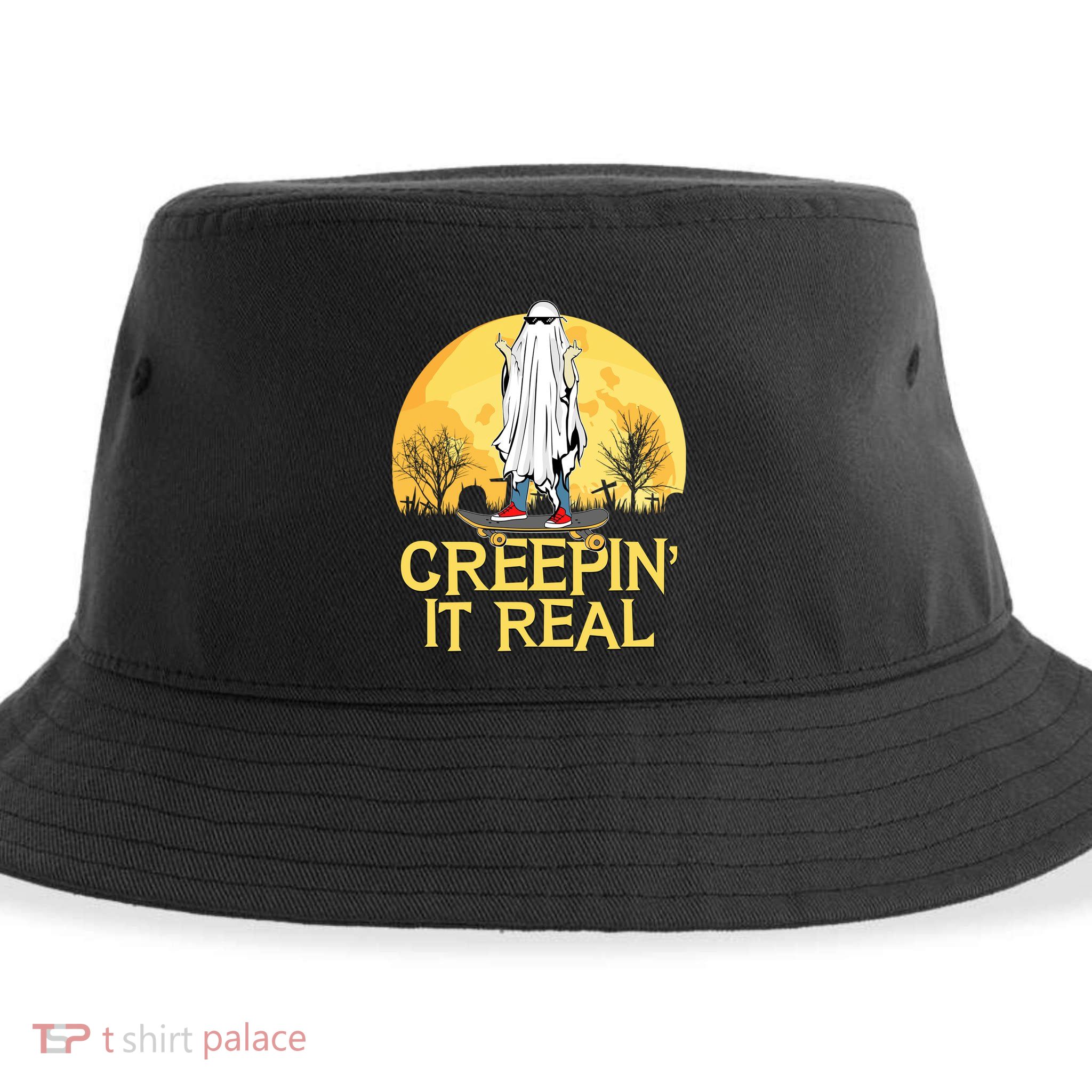 Creepin It Real Skateboard Ghost Funny Retro Halloween Meaningful Gift Sustainable Bucket Hat