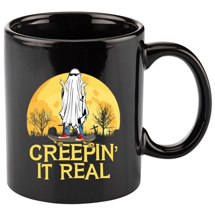 Creepin It Real Skateboard Ghost Funny Retro Halloween Meaningful Gift 11oz C Handle Ceramic Mug