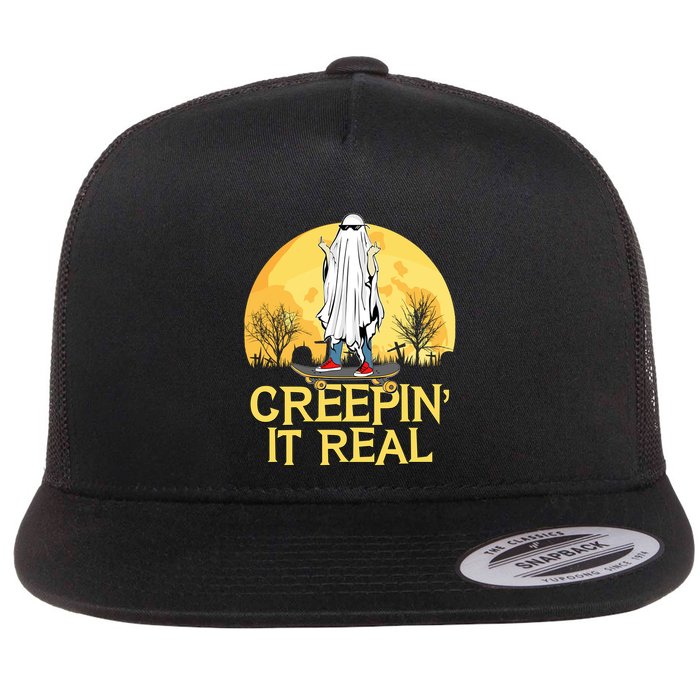 Creepin It Real Skateboard Ghost Funny Retro Halloween Meaningful Gift Flat Bill Trucker Hat
