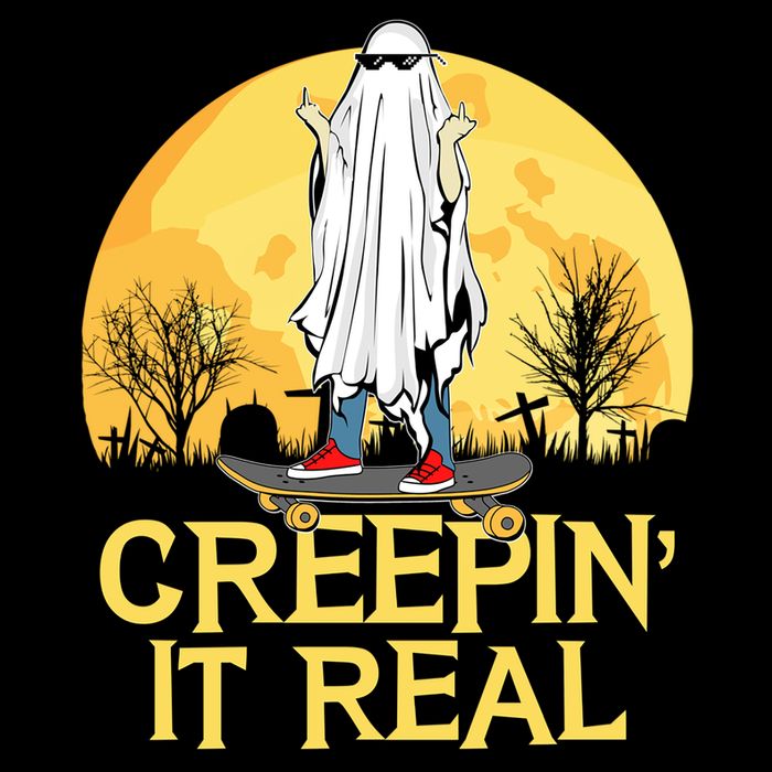 Creepin It Real Skateboard Ghost Funny Retro Halloween Meaningful Gift Flat Bill Trucker Hat