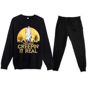 Creepin It Real Skateboard Ghost Funny Retro Halloween Meaningful Gift Premium Crewneck Sweatsuit Set