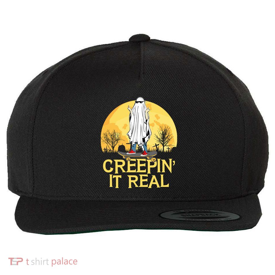 Creepin It Real Skateboard Ghost Funny Retro Halloween Meaningful Gift Wool Snapback Cap