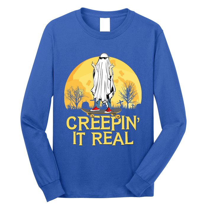 Creepin It Real Skateboard Ghost Funny Retro Halloween Meaningful Gift Long Sleeve Shirt