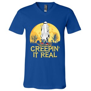 Creepin It Real Skateboard Ghost Funny Retro Halloween Meaningful Gift V-Neck T-Shirt