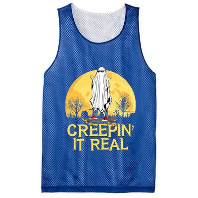Creepin It Real Skateboard Ghost Funny Retro Halloween Meaningful Gift Mesh Reversible Basketball Jersey Tank