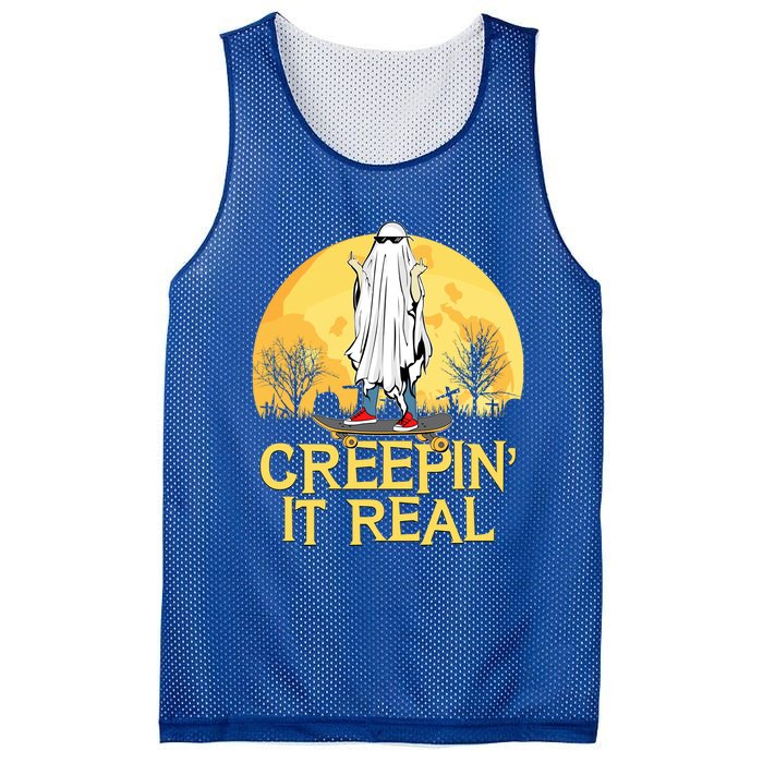 Creepin It Real Skateboard Ghost Funny Retro Halloween Meaningful Gift Mesh Reversible Basketball Jersey Tank