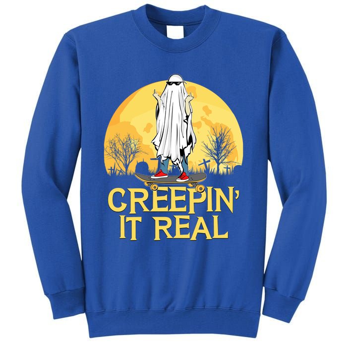 Creepin It Real Skateboard Ghost Funny Retro Halloween Meaningful Gift Tall Sweatshirt