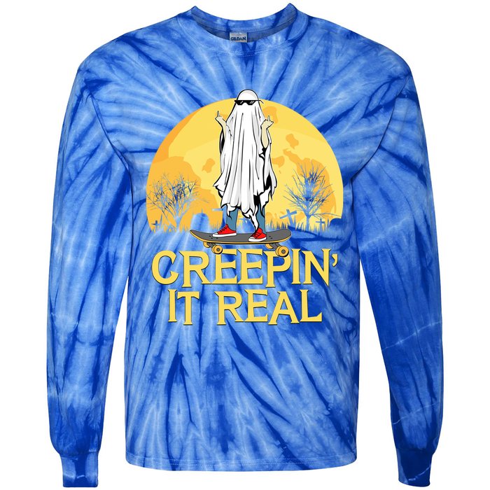 Creepin It Real Skateboard Ghost Funny Retro Halloween Meaningful Gift Tie-Dye Long Sleeve Shirt