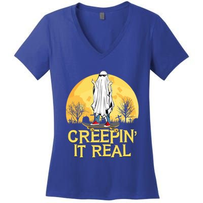 Creepin It Real Skateboard Ghost Funny Retro Halloween Meaningful Gift Women's V-Neck T-Shirt