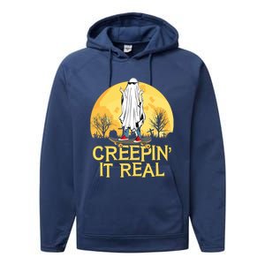 Creepin It Real Skateboard Ghost Funny Retro Halloween Meaningful Gift Performance Fleece Hoodie