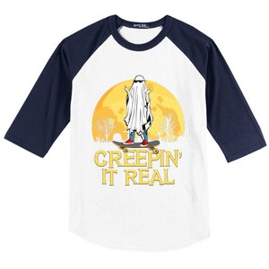 Creepin It Real Skateboard Ghost Funny Retro Halloween Meaningful Gift Baseball Sleeve Shirt