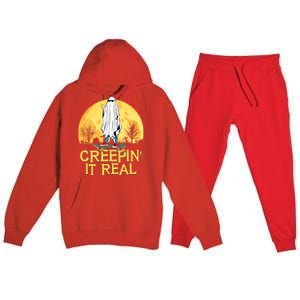 Creepin It Real Skateboard Ghost Funny Retro Halloween Meaningful Gift Premium Hooded Sweatsuit Set