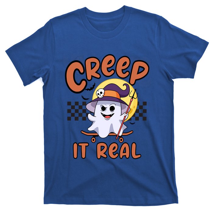 Creep It Real Vintage Retro Ghost On Skateboard Checkerboard Cool Gift T-Shirt