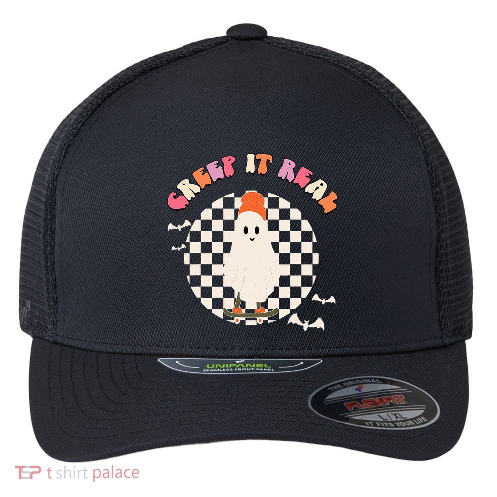 Creep It Real Ghost Halloween Flexfit Unipanel Trucker Cap