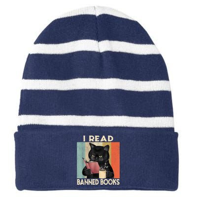 Cat I Read Banned Books Funny Bookworms Reading Book Striped Beanie with Solid Band