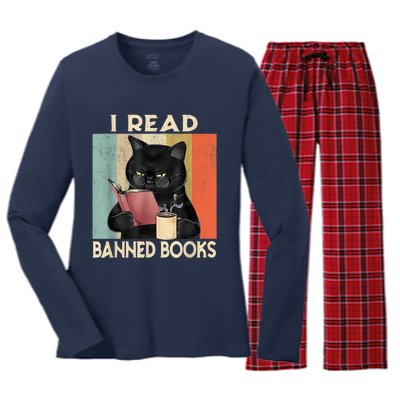 Cat I Read Banned Books Funny Bookworms Reading Book Women's Long Sleeve Flannel Pajama Set 