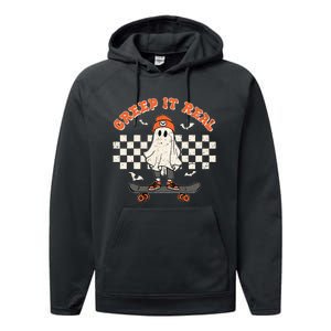 Creep It Real Skateboarding Ghost Retro Halloween Costume Performance Fleece Hoodie