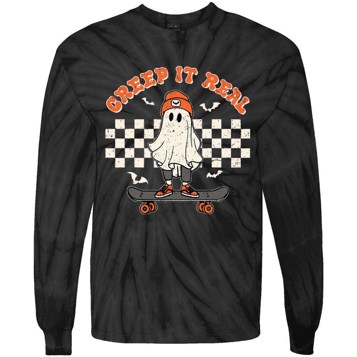 Creep It Real Skateboarding Ghost Retro Halloween Costume Tie-Dye Long Sleeve Shirt