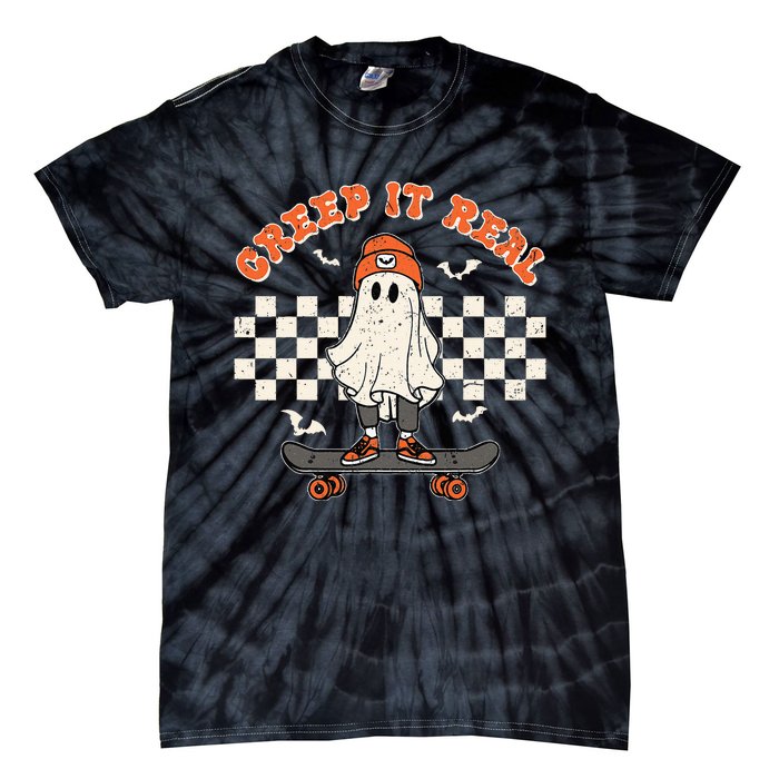 Creep It Real Skateboarding Ghost Retro Halloween Costume Tie-Dye T-Shirt