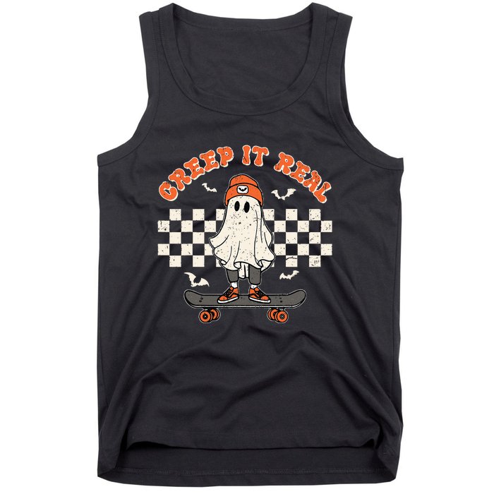 Creep It Real Skateboarding Ghost Retro Halloween Costume Tank Top