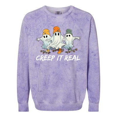 Creep It Real Funny Skateboard Ghost Retro Halloween Gift Colorblast Crewneck Sweatshirt